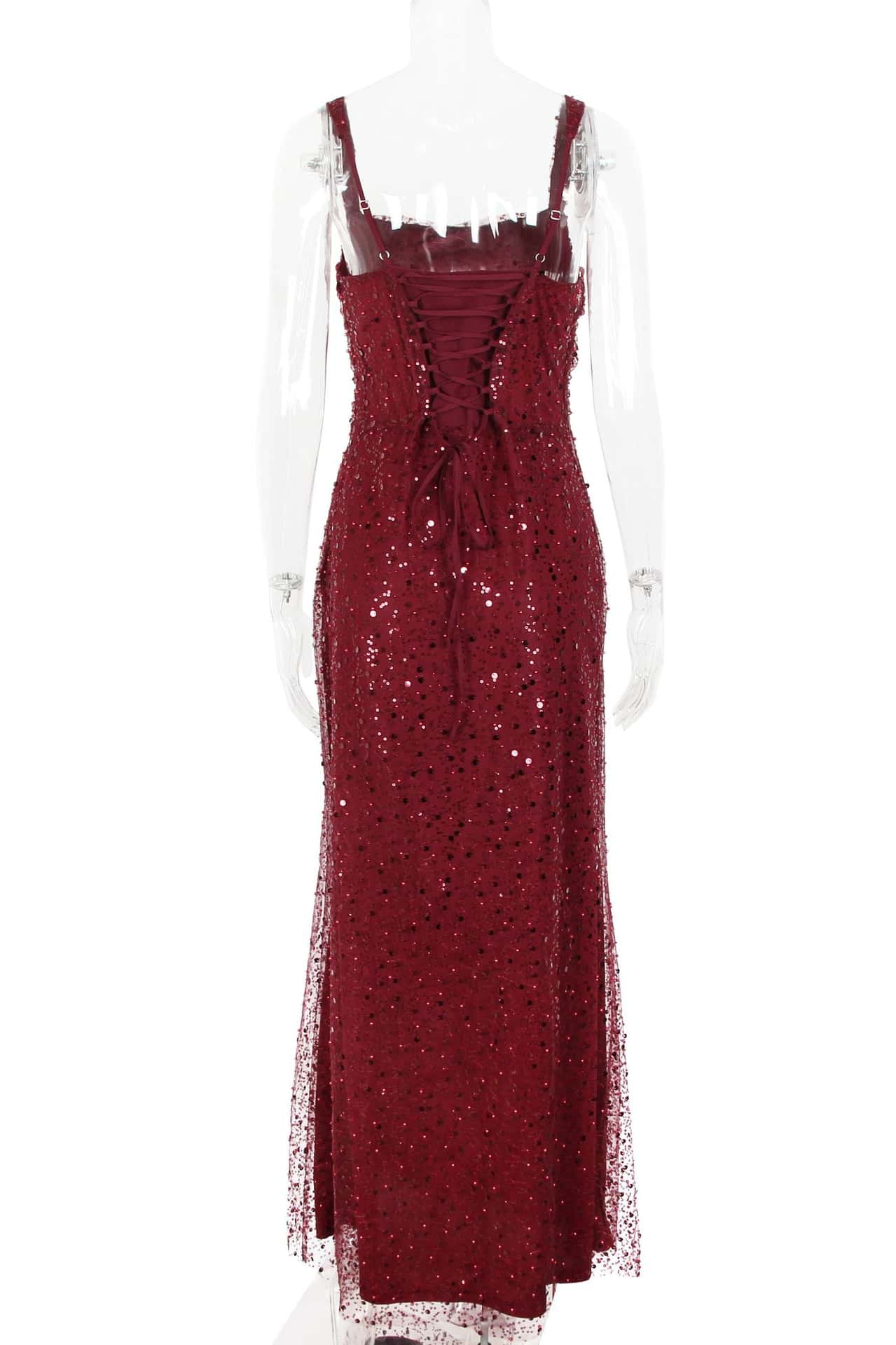 Burgundy Sequin Fitted Long Party Dress - Image 2