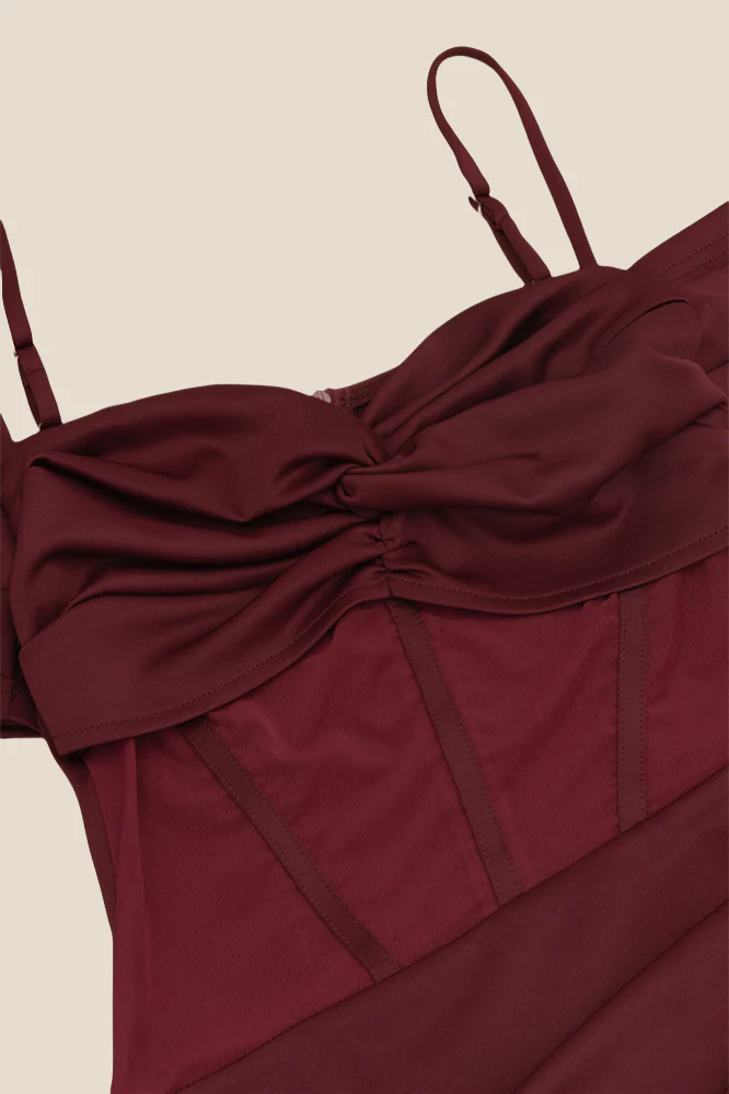 Burgundy Sheer Ruched Long Dress with Slit - Image 3