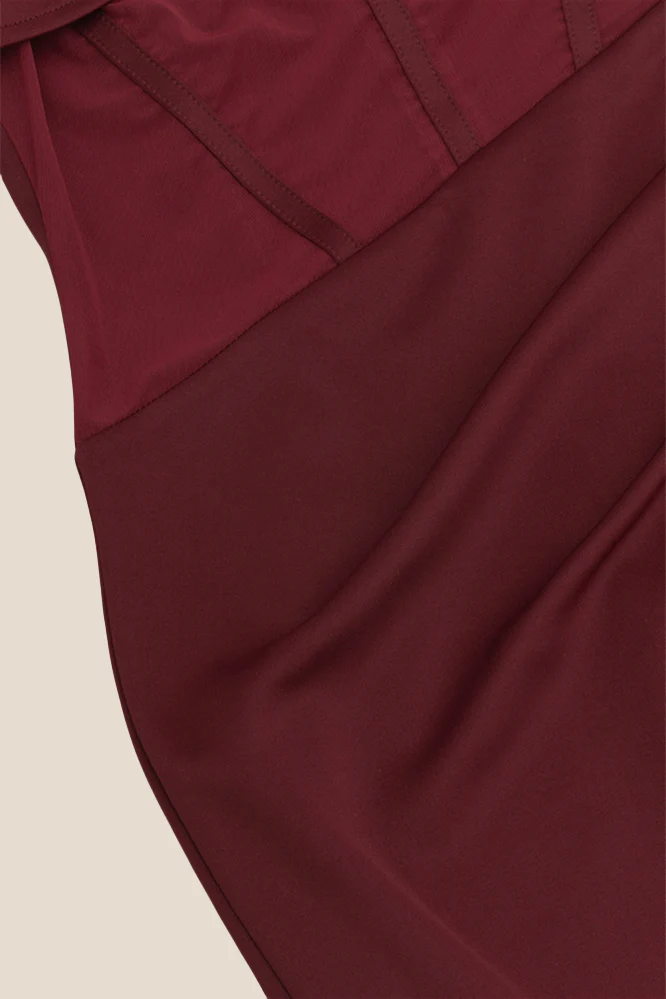Burgundy Sheer Ruched Long Dress with Slit - Image 5