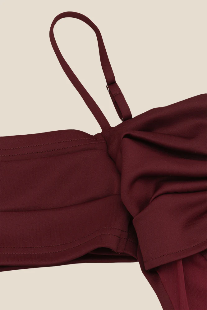 Burgundy Sheer Ruched Long Dress with Slit - Image 6