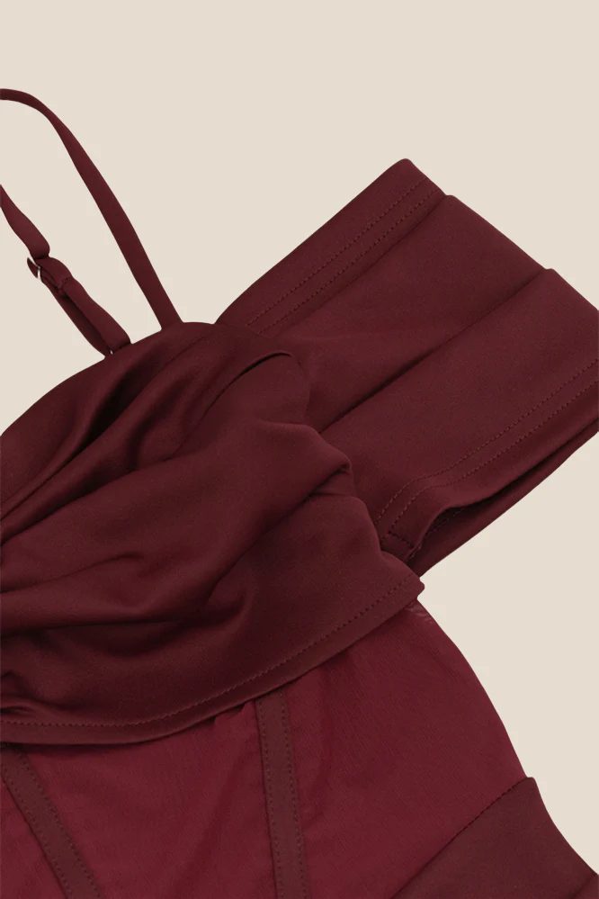 Burgundy Sheer Ruched Long Dress with Slit - Image 7