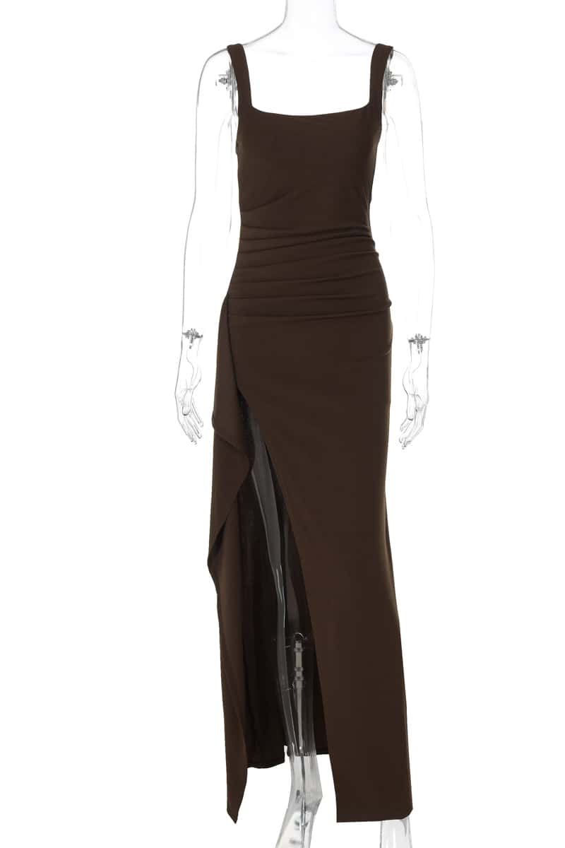Burgundy Spandex Square Neck Frill Long Dress - Image 10