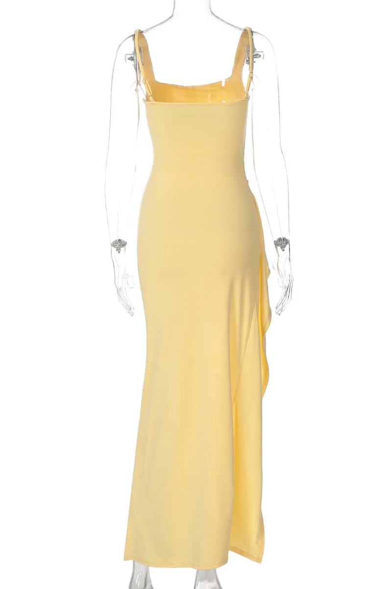 Burgundy Spandex Square Neck Frill Long Dress - Image 4