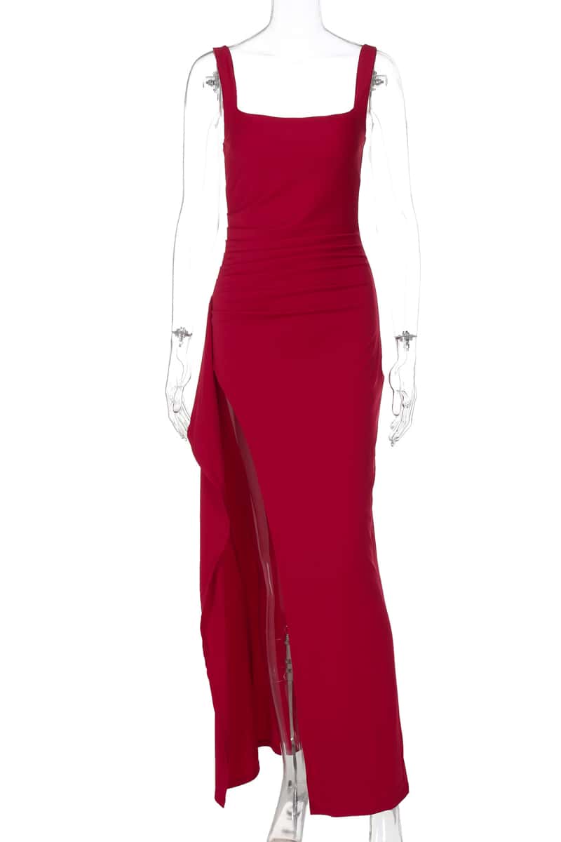 Burgundy Spandex Square Neck Frill Long Dress - Image 9