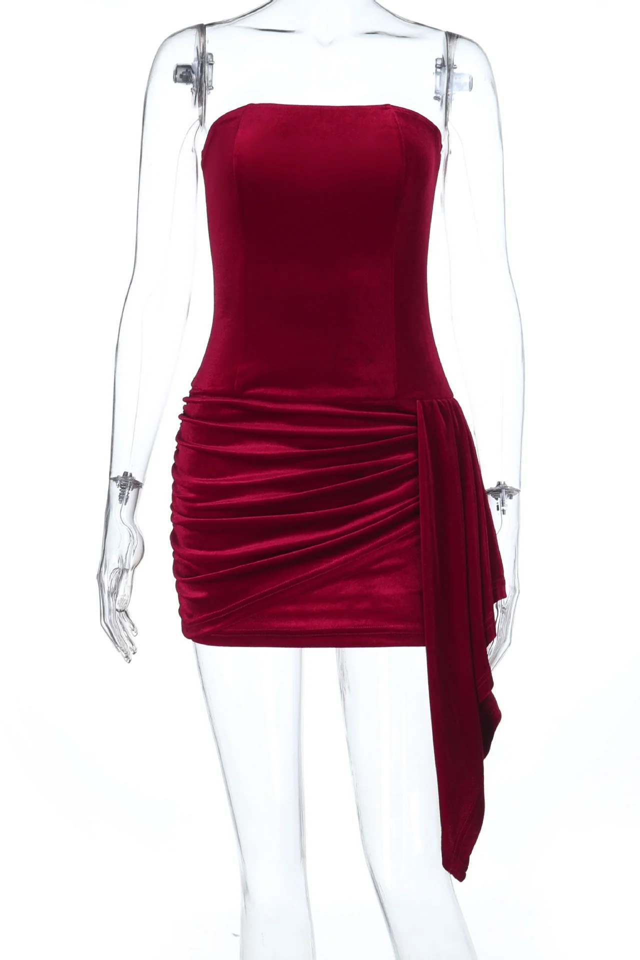 Burgundy Velvet Ruched Tight Short Dress - Image 3