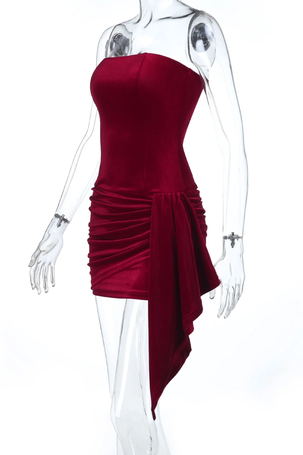 Burgundy Velvet Ruched Tight Short Dress - Image 4