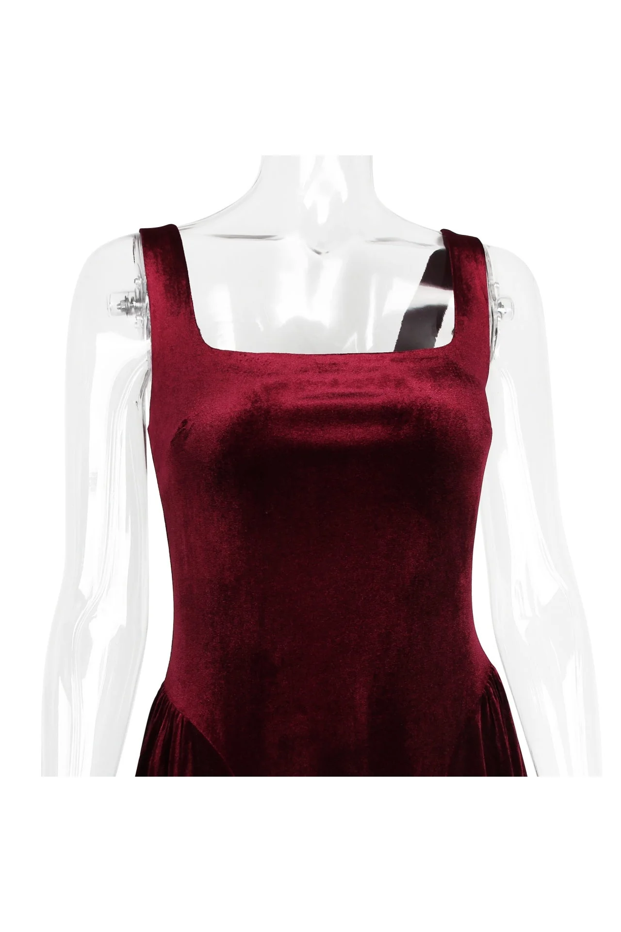 Burgundy Velvet Square Neck A-line Short Dress - Image 6