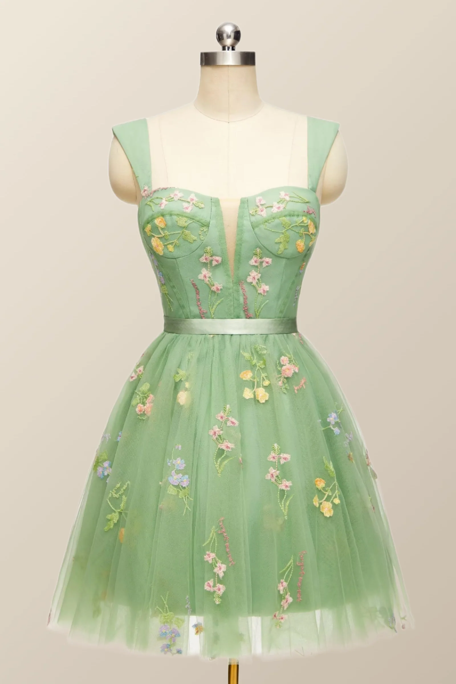 Cap Sleeves Blue Floral A-line Short Dress - Image 4