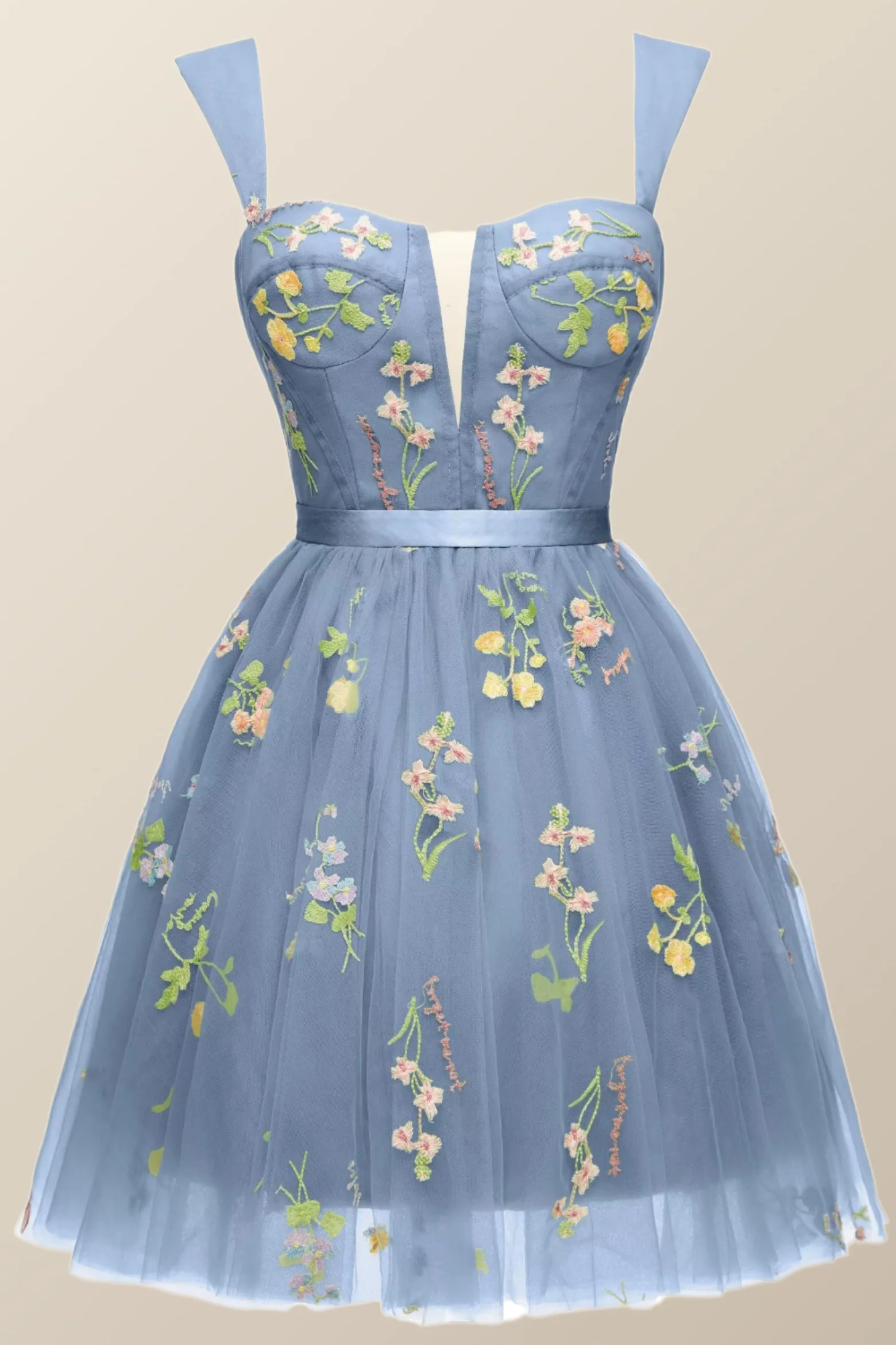 Cap Sleeves Blue Floral A-line Short Dress - Image 5