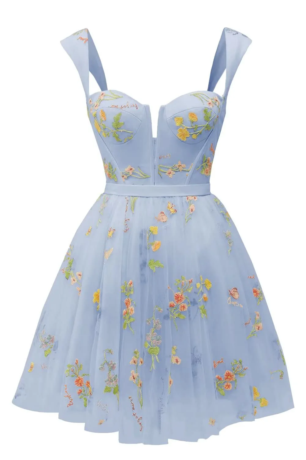 Cap Sleeves Blue Floral A-line Short Dress - Image 8