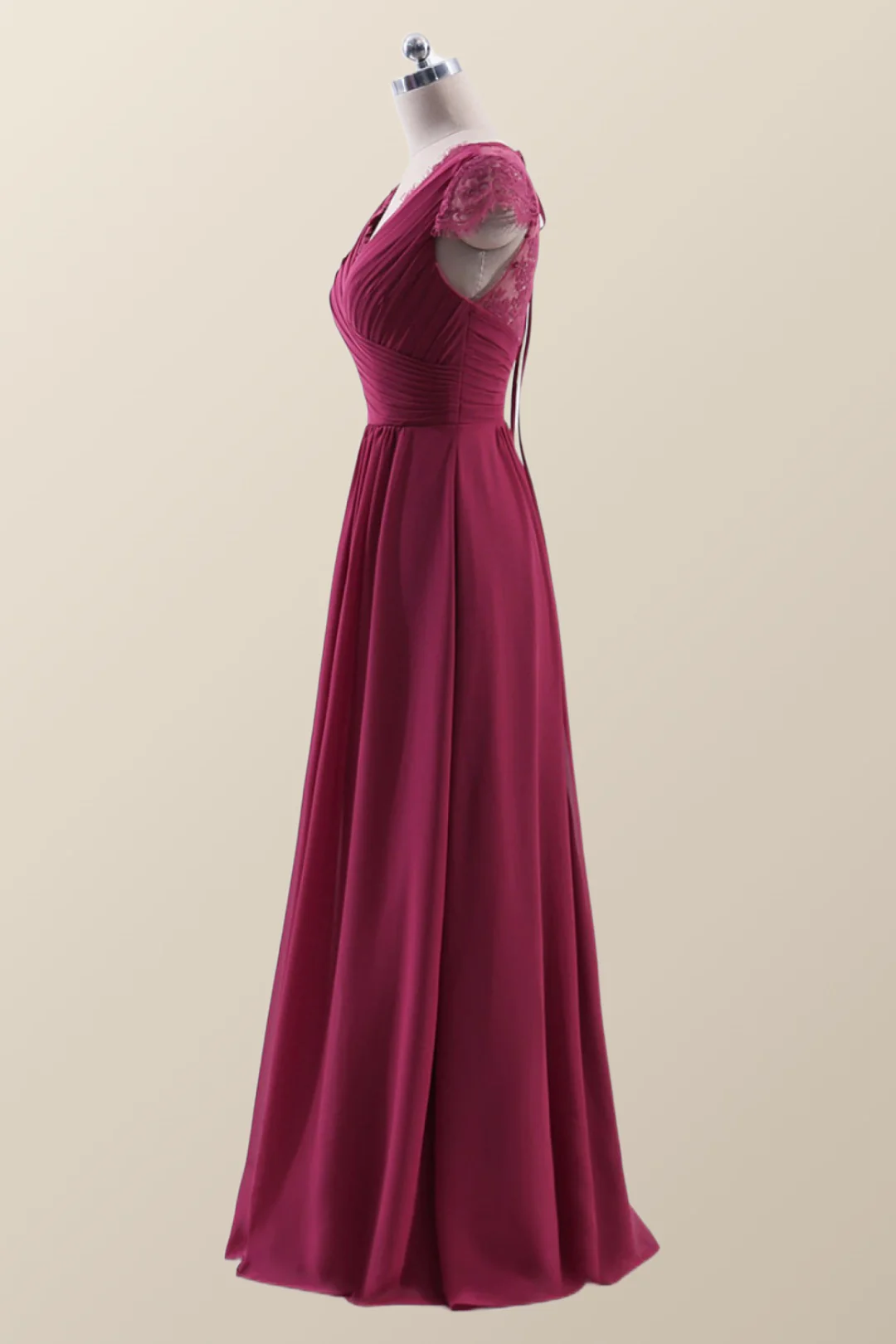 Cap Sleeves Burgundy Chiffon Long Bridesmaid Dress - Image 2