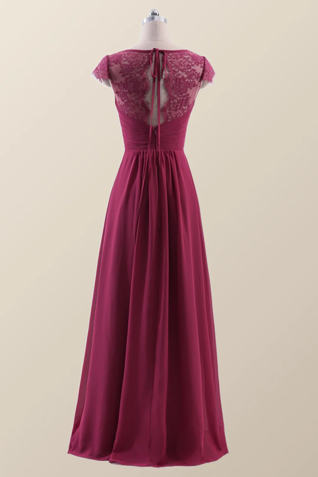 Cap Sleeves Burgundy Chiffon Long Bridesmaid Dress - Image 3