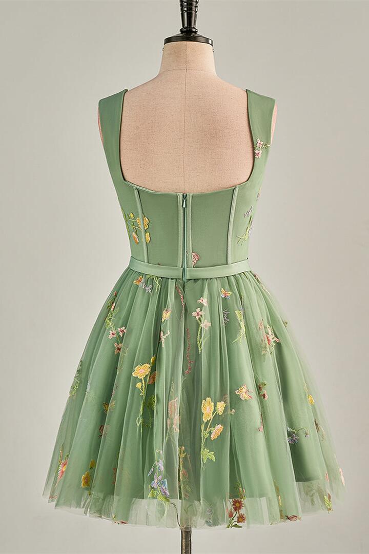 Cap Sleeves Green Floral Short Dress - Image 2
