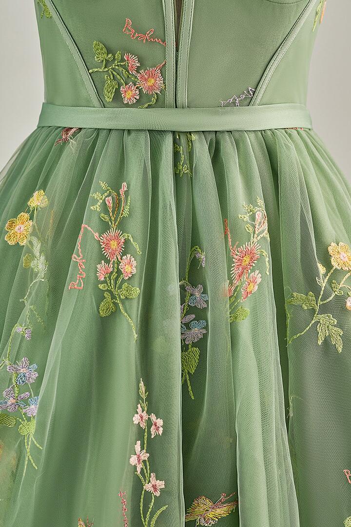 Cap Sleeves Green Floral Short Dress - Image 3