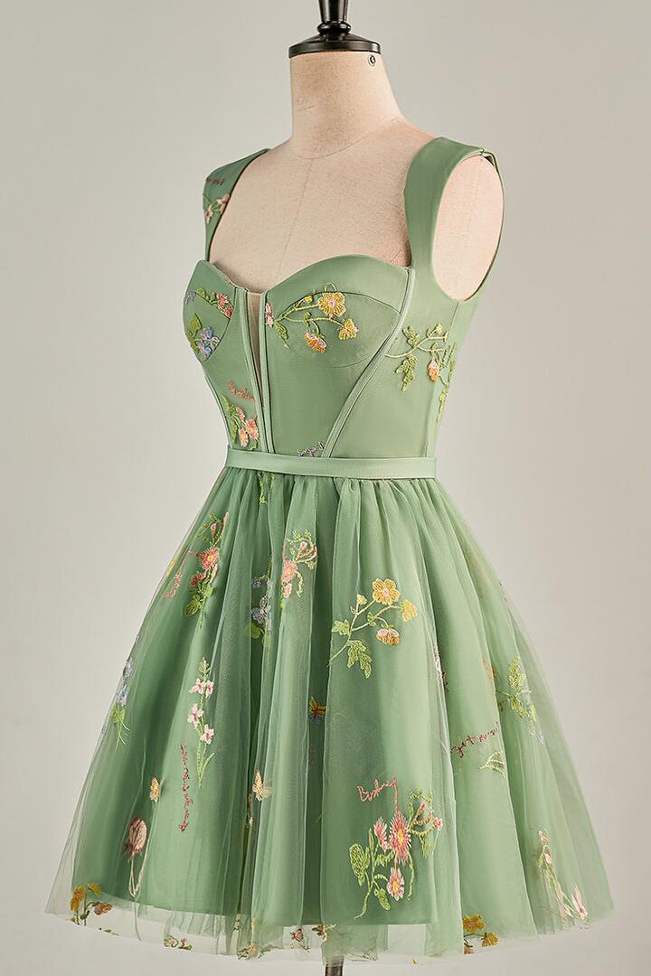 Cap Sleeves Green Floral Short Dress - Image 4