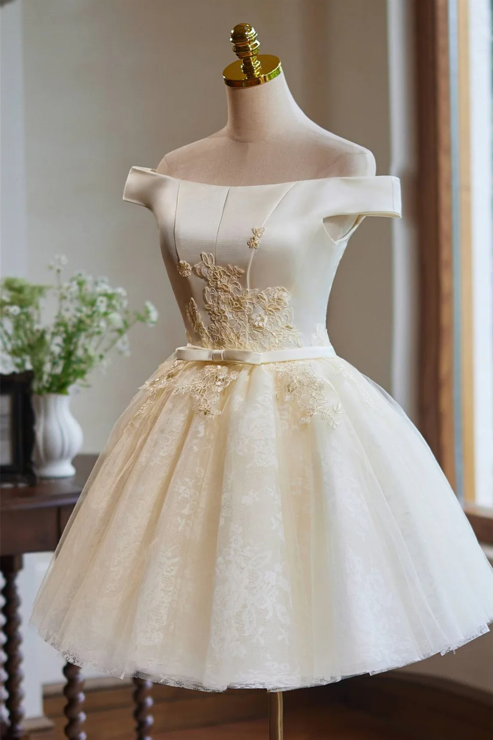 Champagne Appliques Bow A-line Short Dress - Image 3