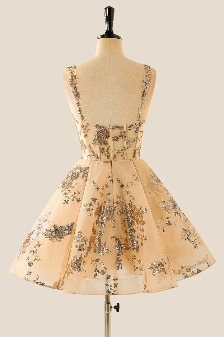 Champagne Sequin Appliques A-line Short Dress - Image 2