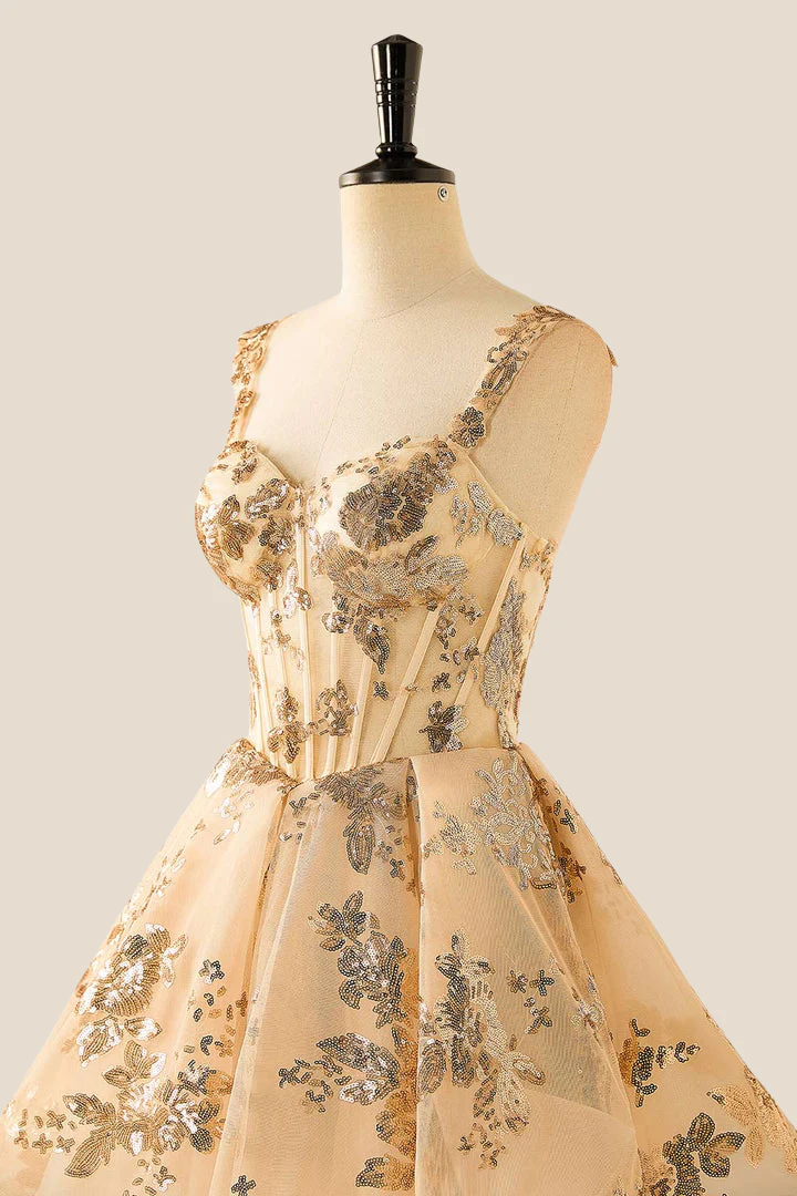 Champagne Sequin Appliques A-line Short Dress - Image 3