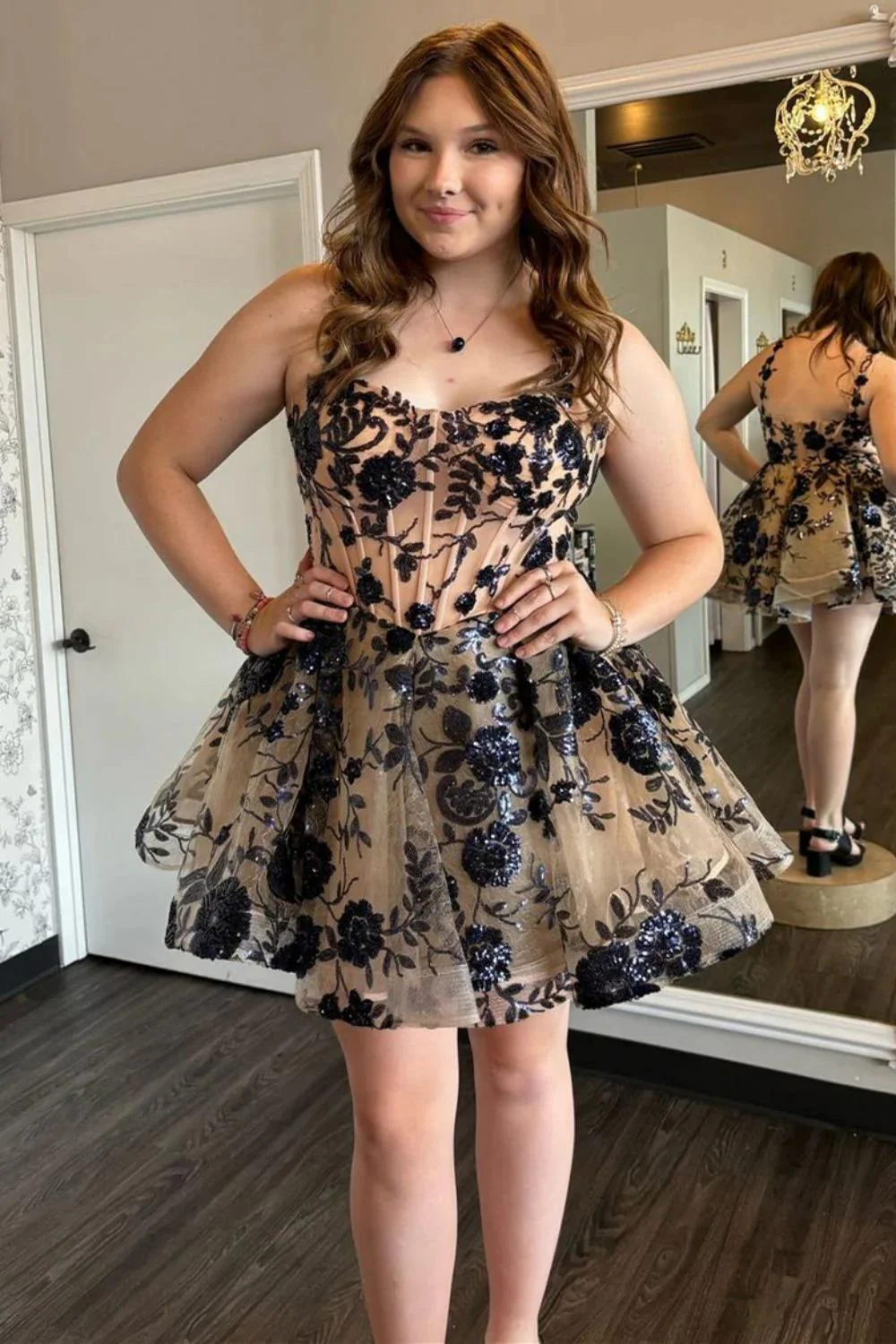 Champagne Sequin Appliques A-line Short Dress - Image 4