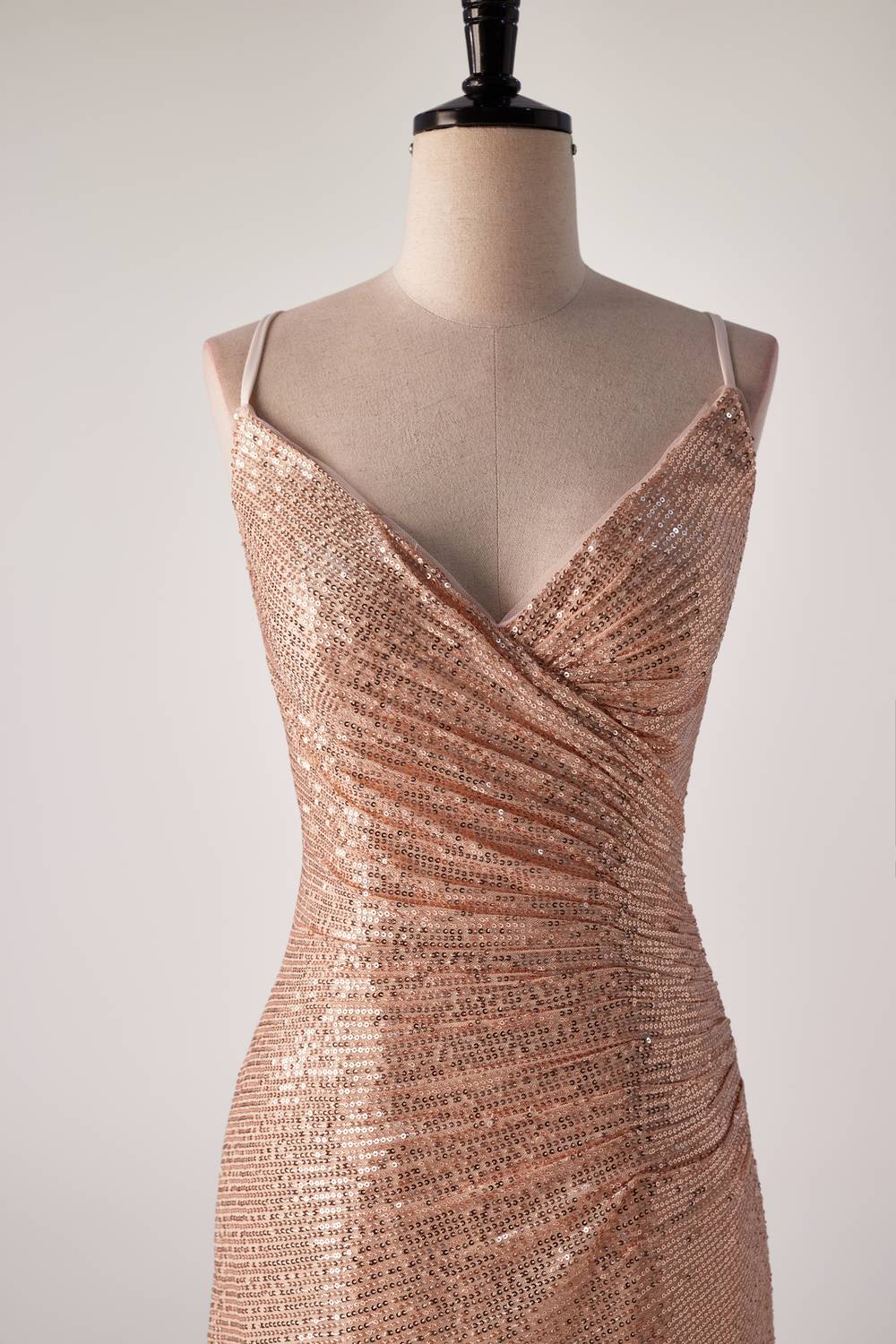 Champagne Sequin Pleated Mermaid Long Party Dress - Image 3