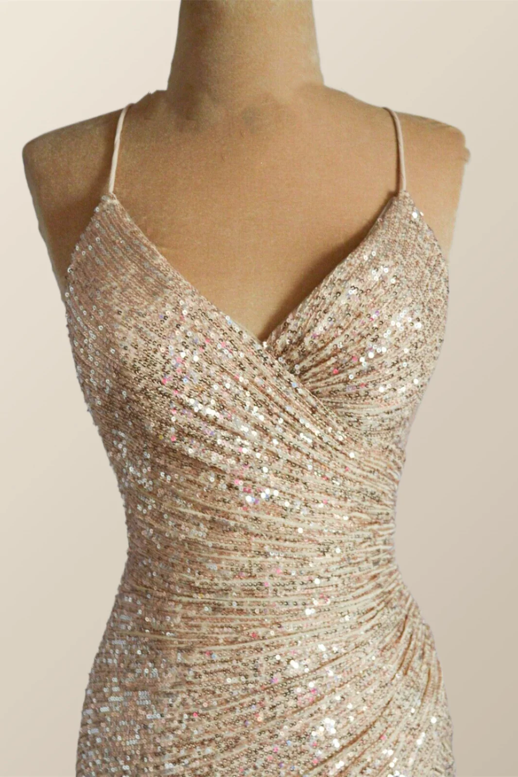 Straps Champagne Sequin Mermaid Long Dress with Slit - Image 5