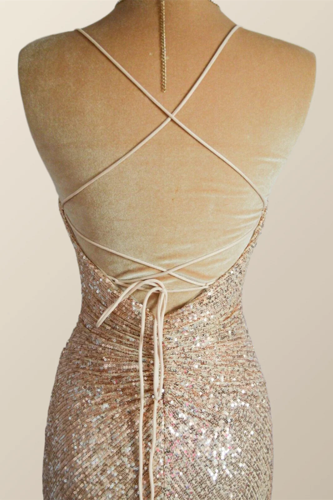 Straps Champagne Sequin Mermaid Long Dress with Slit - Image 6