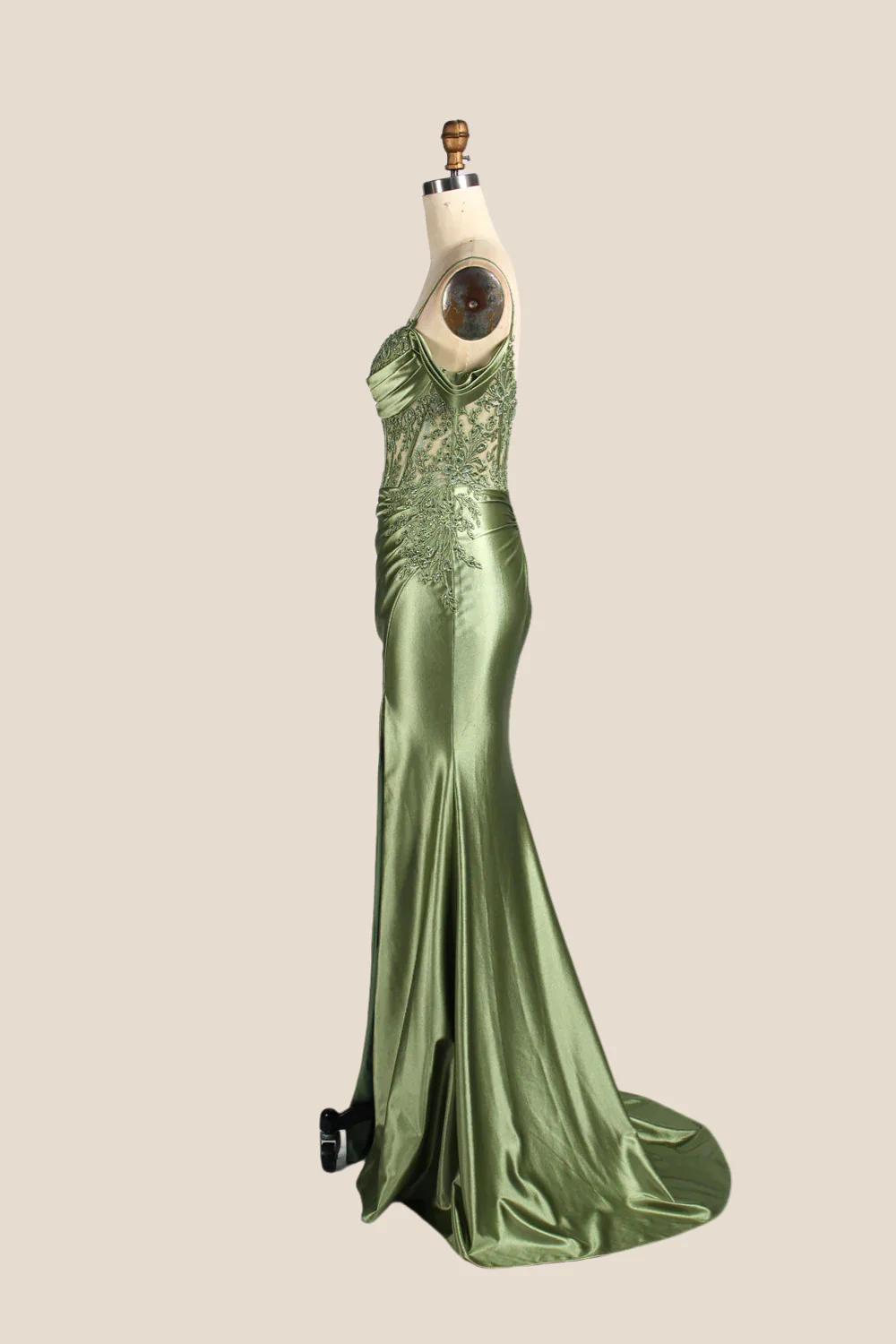 Cold Shoulder Sage Appliques Long Dress with Slit - Image 3