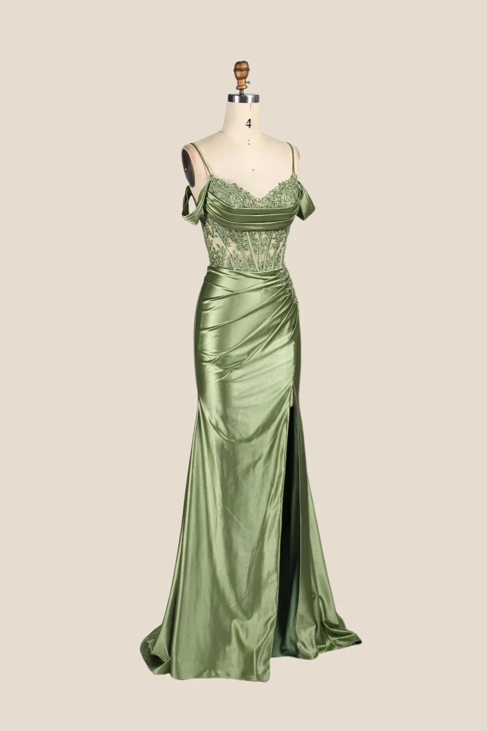 Cold Shoulder Sage Appliques Long Dress with Slit - Image 4