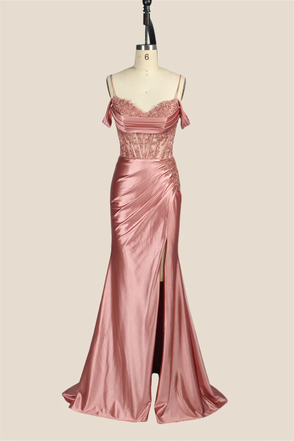 Cold Shoulder Sage Appliques Long Dress with Slit - Image 7