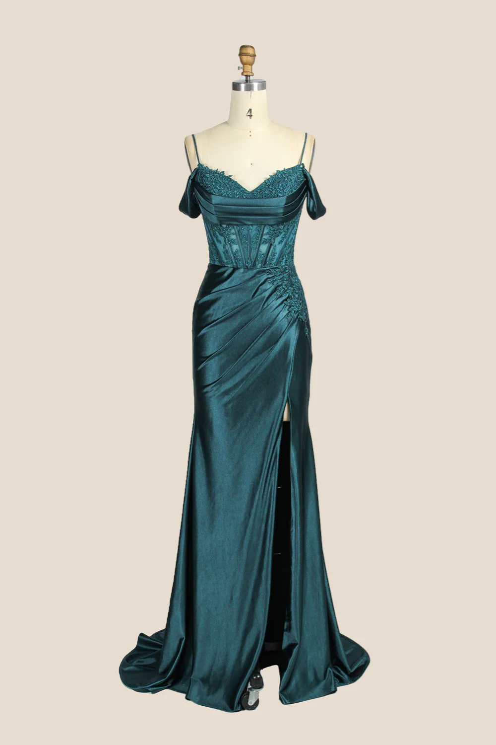 Cold Shoulder Sage Appliques Long Dress with Slit - Image 9
