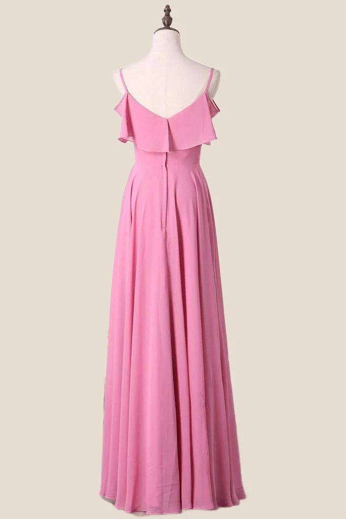 Cold Shoulders Pink Chiffon Ruffles A-line Bridesmaid Dress - Image 2