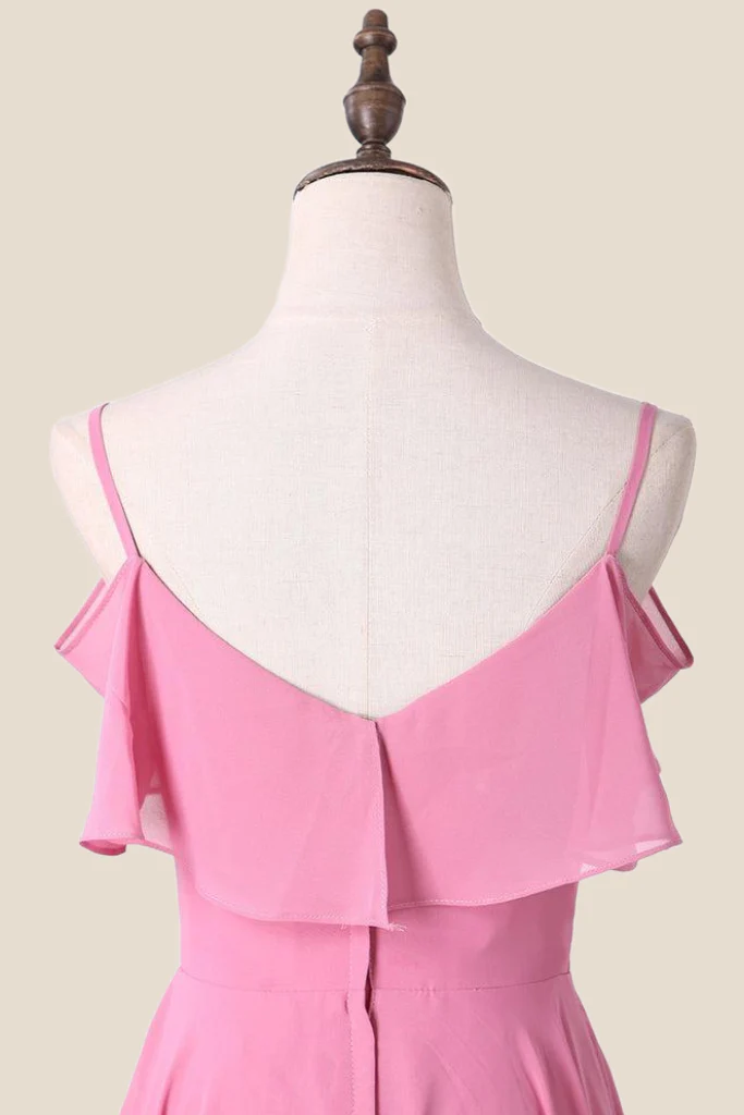 Cold Shoulders Pink Chiffon Ruffles A-line Bridesmaid Dress - Image 3