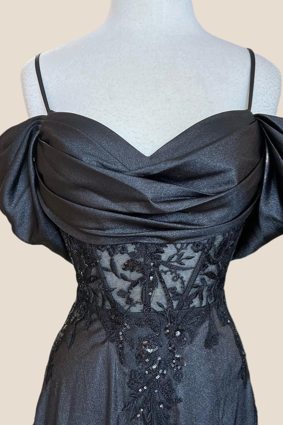 Cowl Neck Black Appliques Long Dress with Slit - Image 2
