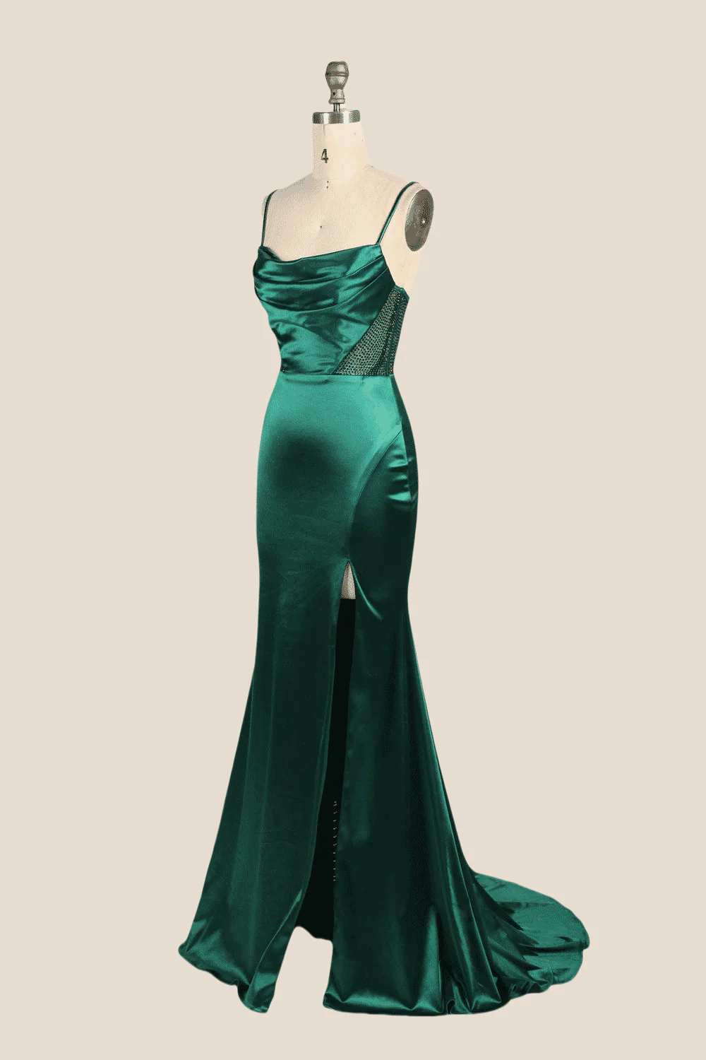 Cowl Neck Emerald Green Beaded Long Dress - Image 3