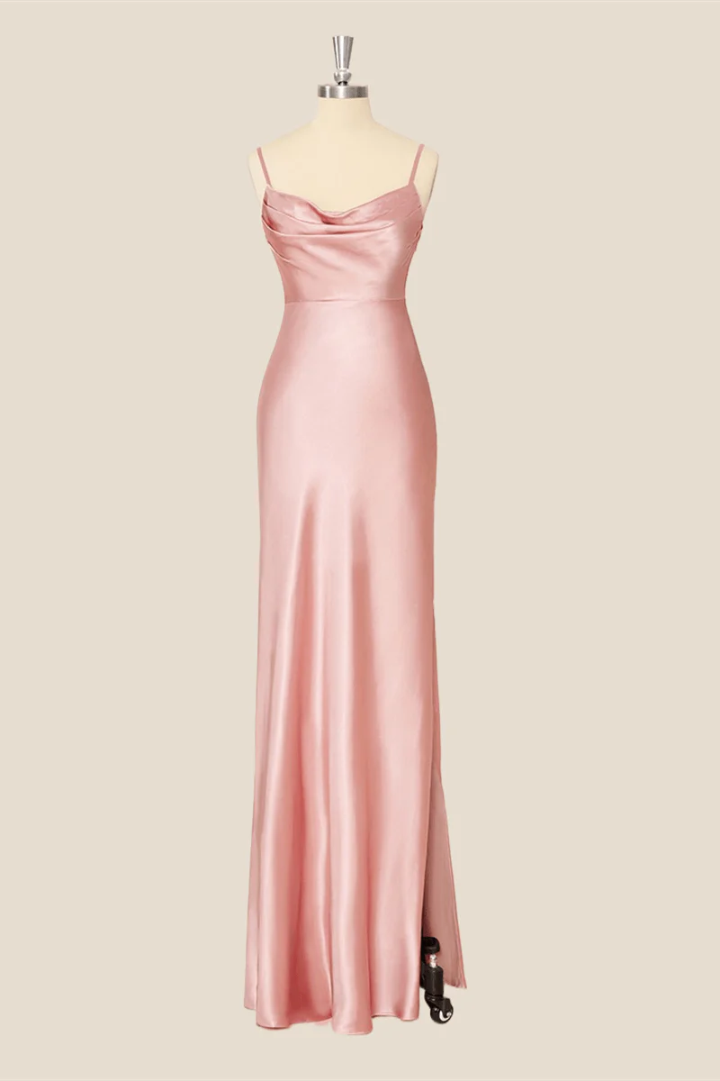 Cowl Neck Pink Sheath Long Party Dress - Image 3