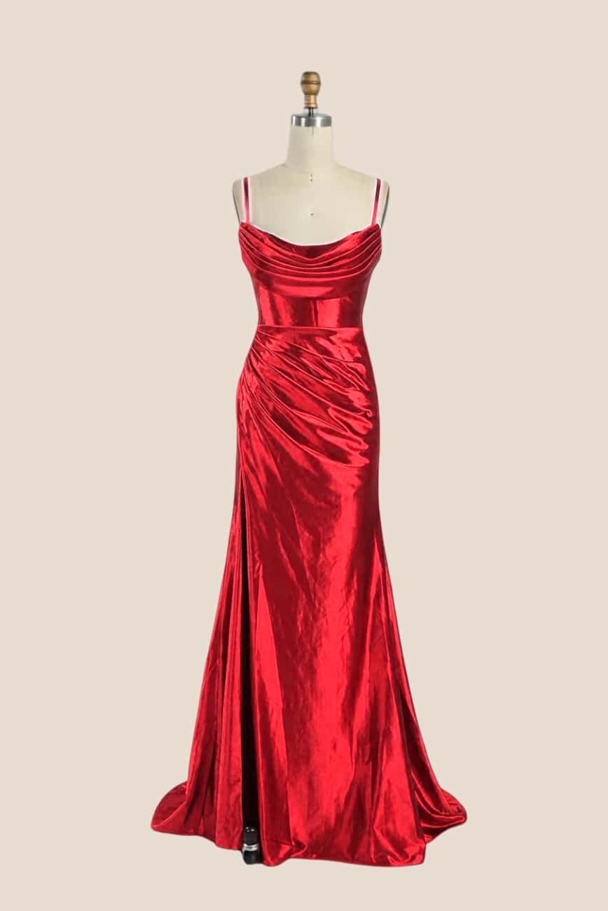 Cowl Neck Royal Blue Ruched Satin Long Dress - Image 3