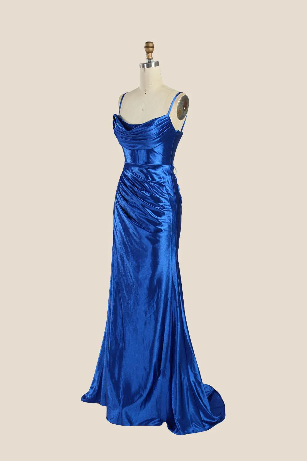 Cowl Neck Royal Blue Ruched Satin Long Dress - Image 6