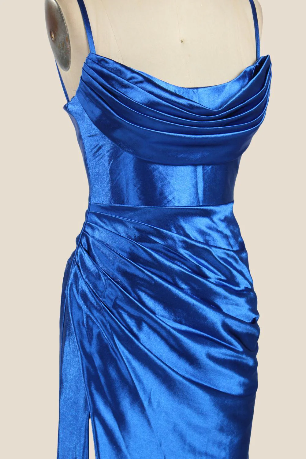 Cowl Neck Royal Blue Ruched Satin Long Dress - Image 7