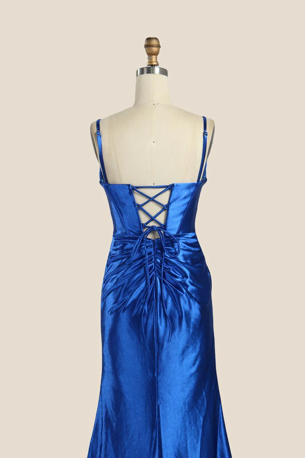 Cowl Neck Royal Blue Ruched Satin Long Dress - Image 8