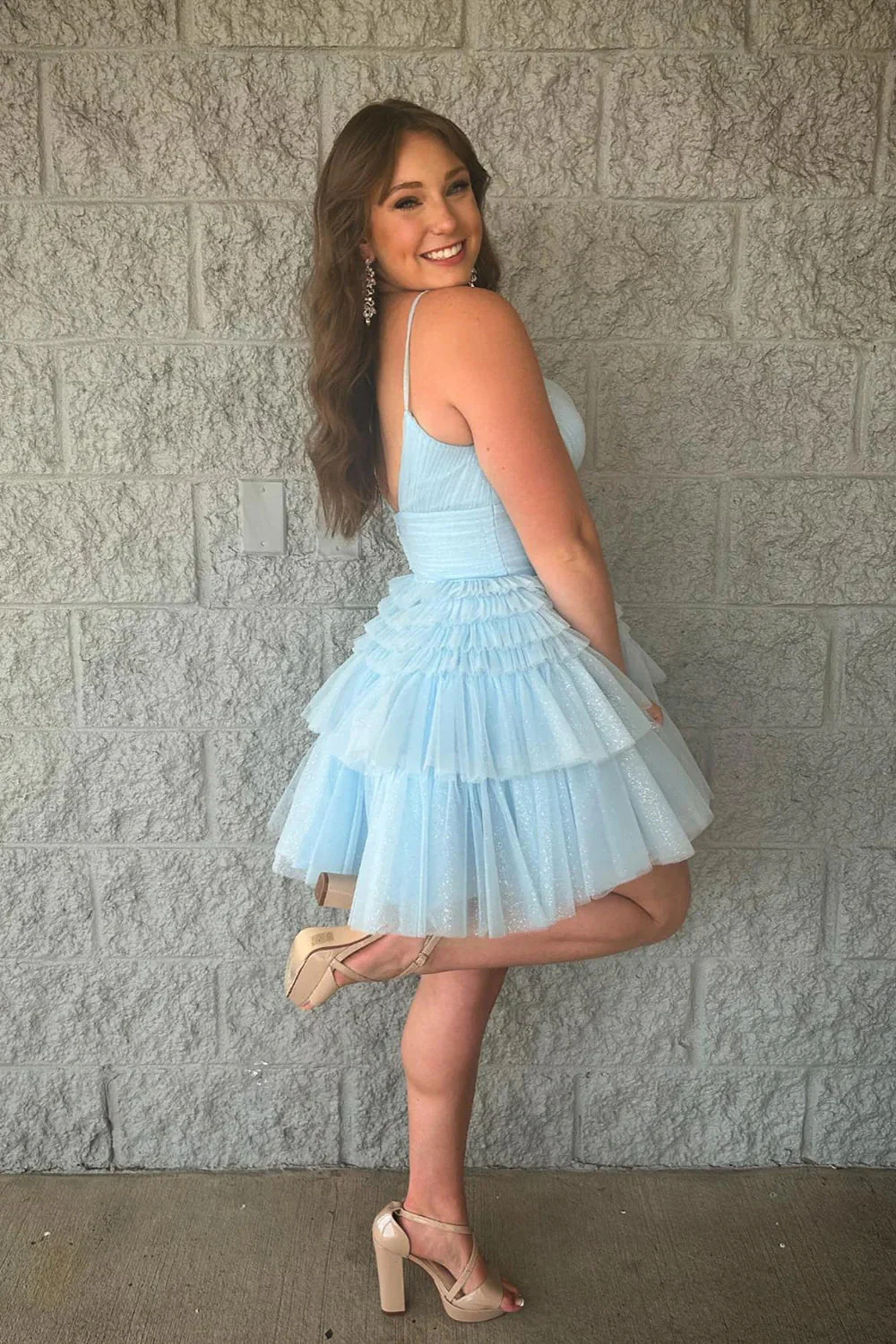 Light Blue Tulle Tiered Short A-line Dress - Image 3