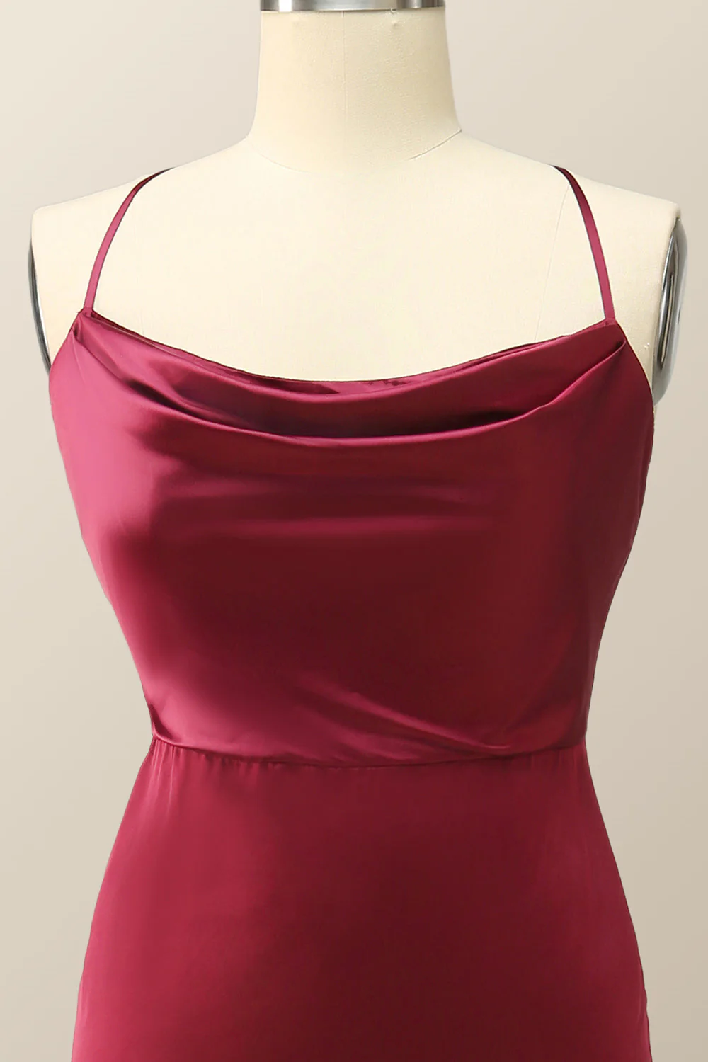 Cowl Neck Wine Red Straps Long Evening Dress - Image 3