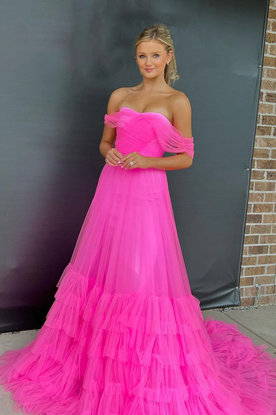 Cross Front Neon Pink Tulle Formal Dress - Image 2