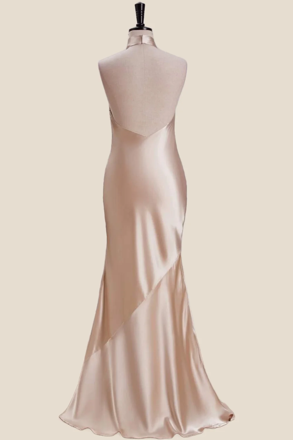 Cross Halter Champagne Satin Long Party Dress - Image 2