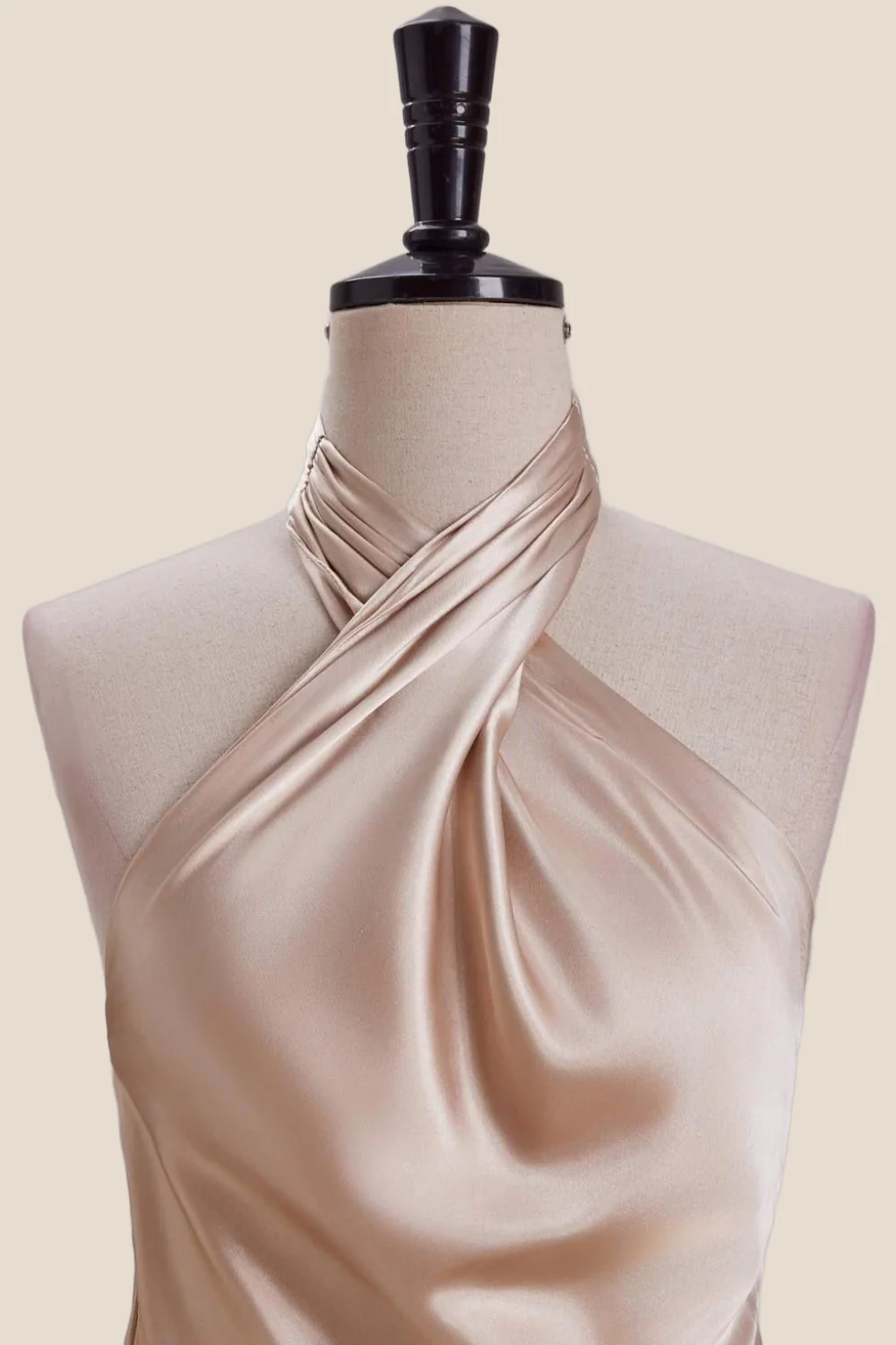 Cross Halter Champagne Satin Long Party Dress - Image 3