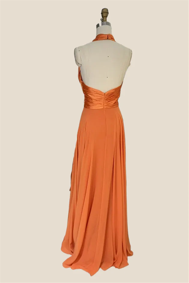 Cross Halter Orange Satin Long Party Dress - Image 2