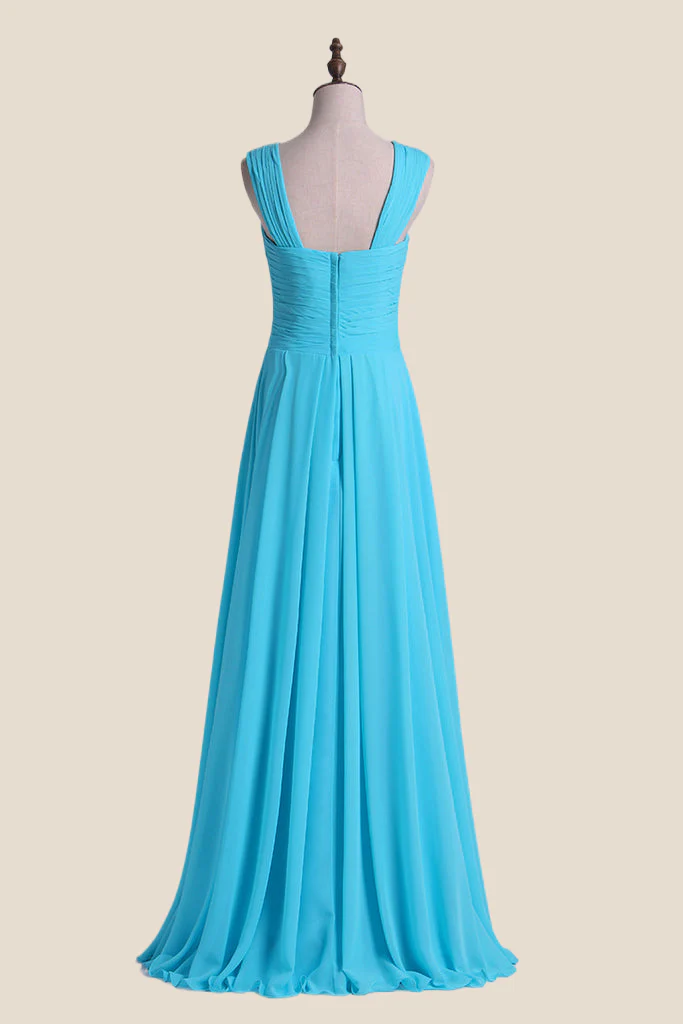 Cross V Neck Blue Chiffon Long Bridesmaid Dress - Image 2