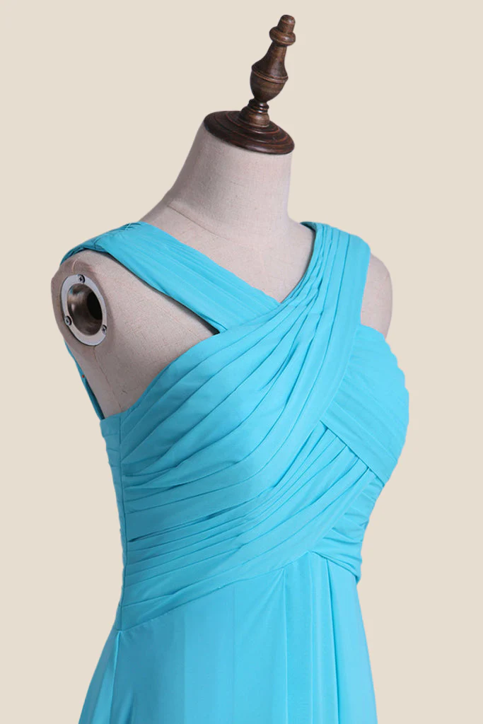 Cross V Neck Blue Chiffon Long Bridesmaid Dress - Image 3
