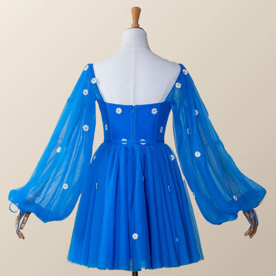 Daisy Embroiderd Blue Puffy Sleeves Mini Dress - Image 3
