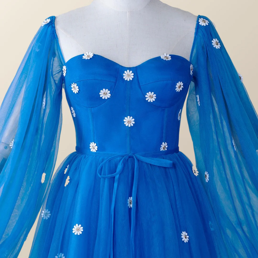 Daisy Embroiderd Blue Puffy Sleeves Mini Dress - Image 4