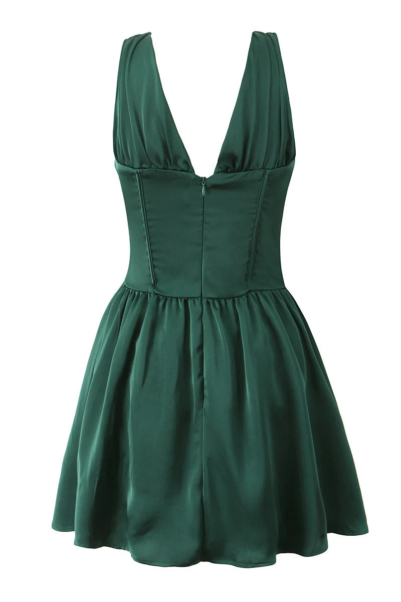 Dark Green V Neck Empire Short Dress - Image 2
